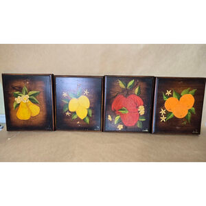 Vintage 1972 Hand Painted Fruit Wall Plaques Set 4 Cottagecore Kitchen Decor